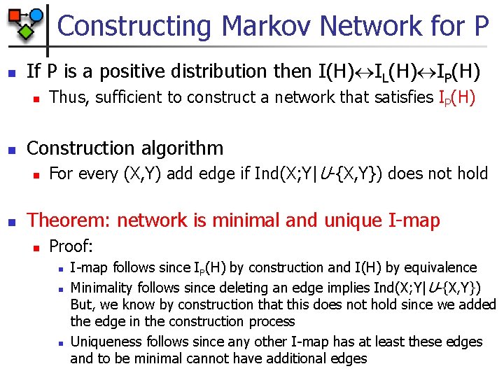 Constructing Markov Network for P n If P is a positive distribution then I(H)