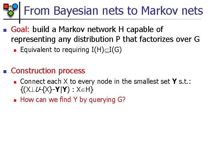 From Bayesian nets to Markov nets n Goal: build a Markov network H capable