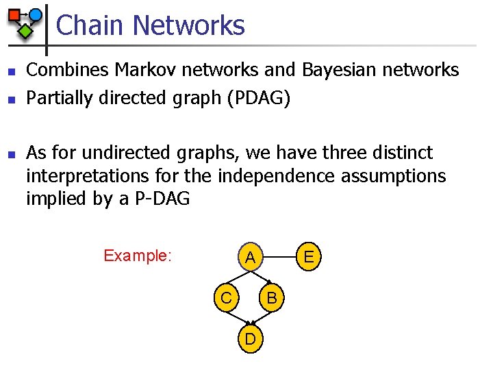 Chain Networks n n n Combines Markov networks and Bayesian networks Partially directed graph