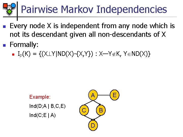 Pairwise Markov Independencies n n Every node X is independent from any node which