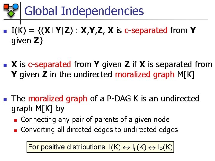 Global Independencies n n n I(K) = {(X Y|Z) : X, Y, Z, X