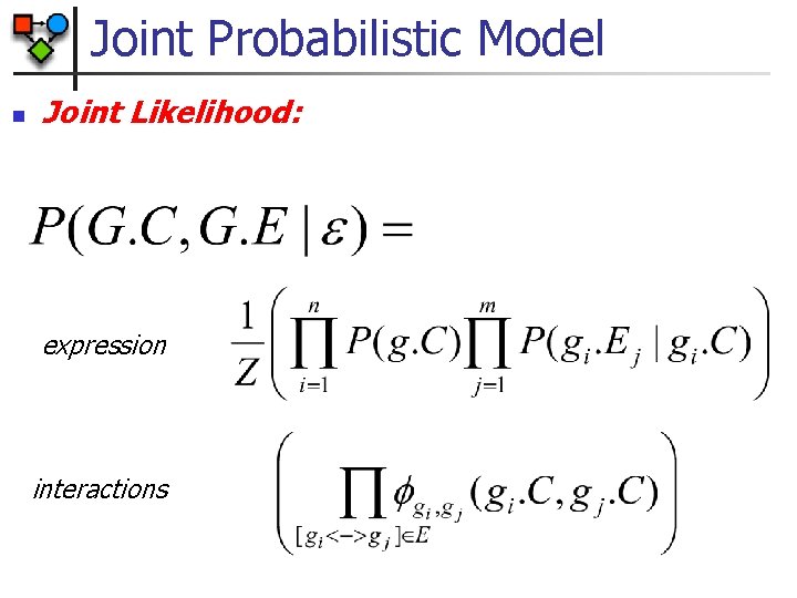 Joint Probabilistic Model n Joint Likelihood: expression interactions 