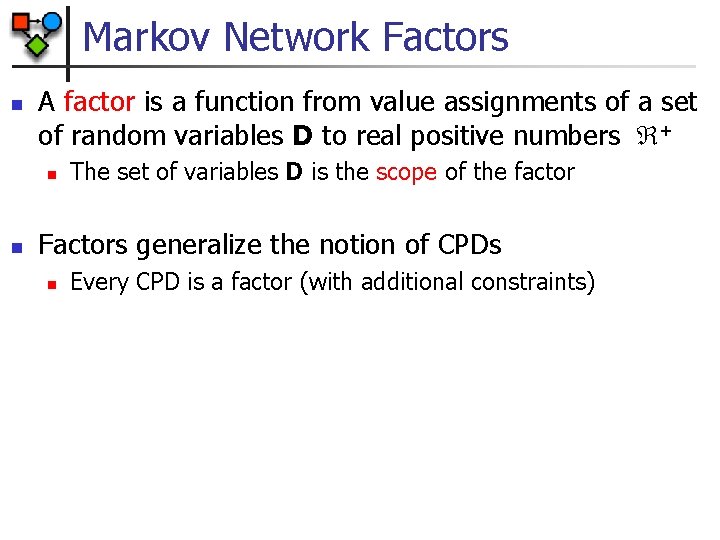Markov Network Factors n A factor is a function from value assignments of a