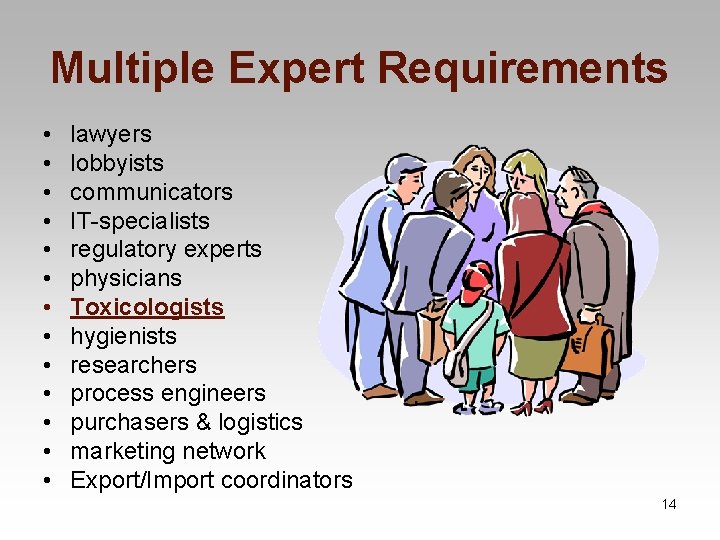 Multiple Expert Requirements • • • • lawyers lobbyists communicators IT-specialists regulatory experts physicians