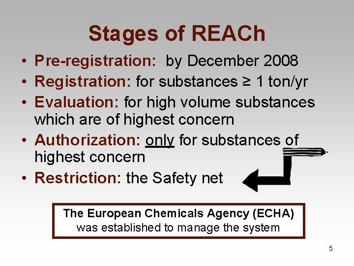 Stages of REACh • Pre-registration: by December 2008 • Registration: for substances ≥ 1