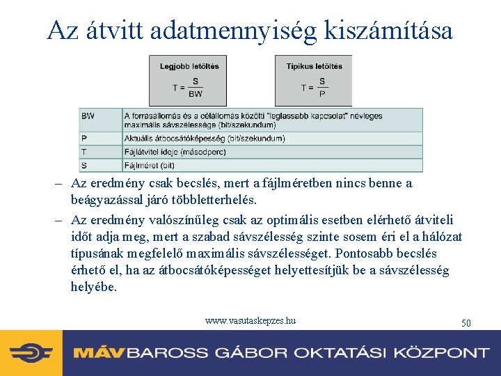 Az átvitt adatmennyiség kiszámítása – Az eredmény csak becslés, mert a fájlméretben nincs benne