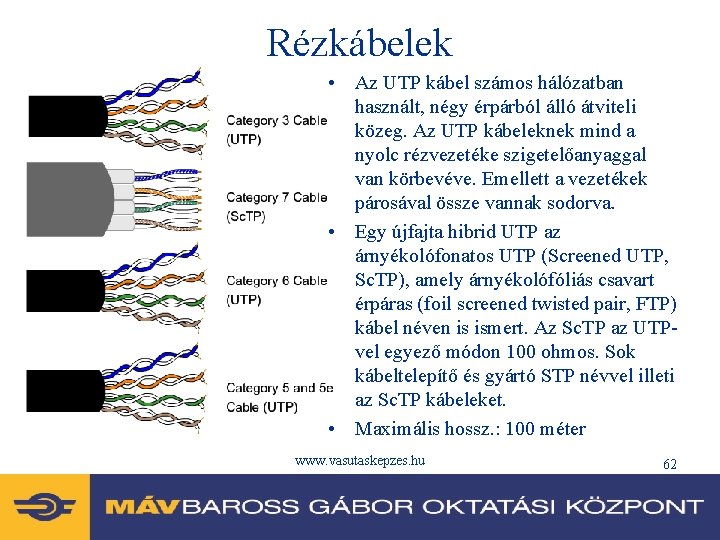 Rézkábelek • Az UTP kábel számos hálózatban használt, négy érpárból álló átviteli közeg. Az
