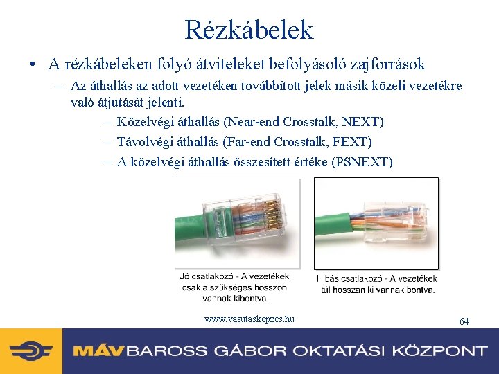 Rézkábelek • A rézkábeleken folyó átviteleket befolyásoló zajforrások – Az áthallás az adott vezetéken