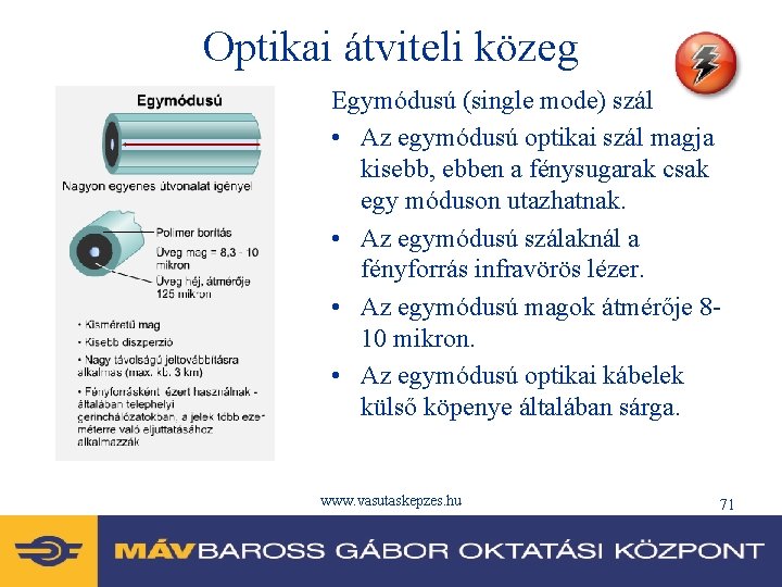 Optikai átviteli közeg Egymódusú (single mode) szál • Az egymódusú optikai szál magja kisebb,