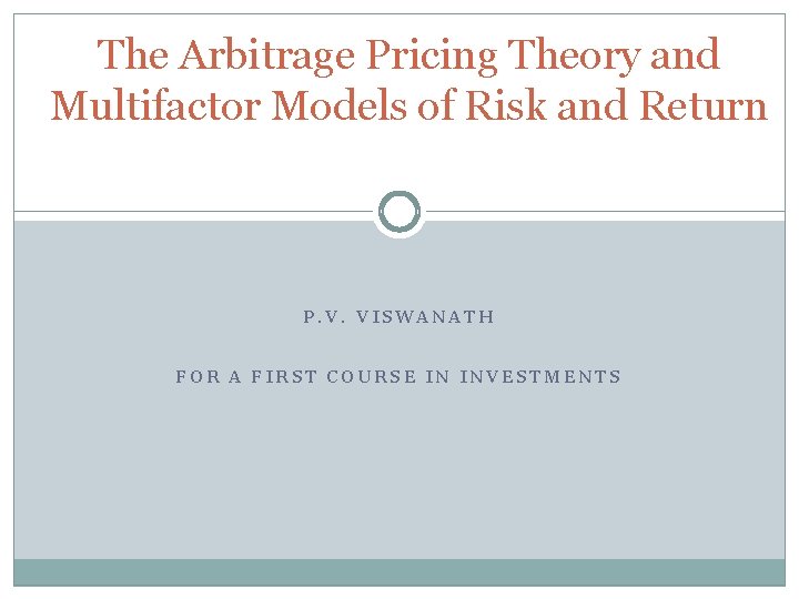 The Arbitrage Pricing Theory and Multifactor Models of Risk and Return P. V. VISWANATH