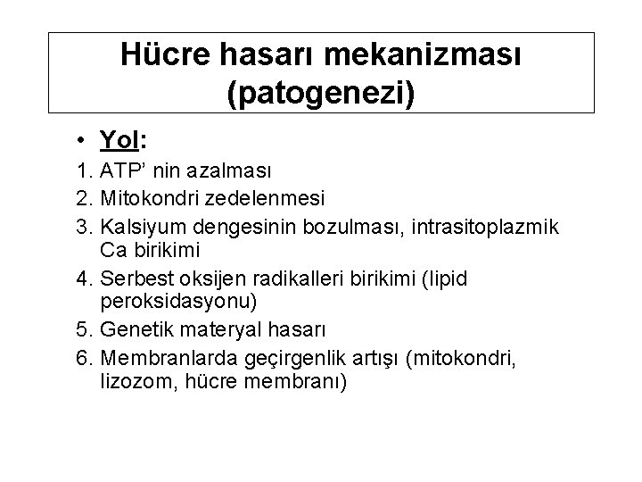 Hücre hasarı mekanizması (patogenezi) • Yol: 1. ATP’ nin azalması 2. Mitokondri zedelenmesi 3.