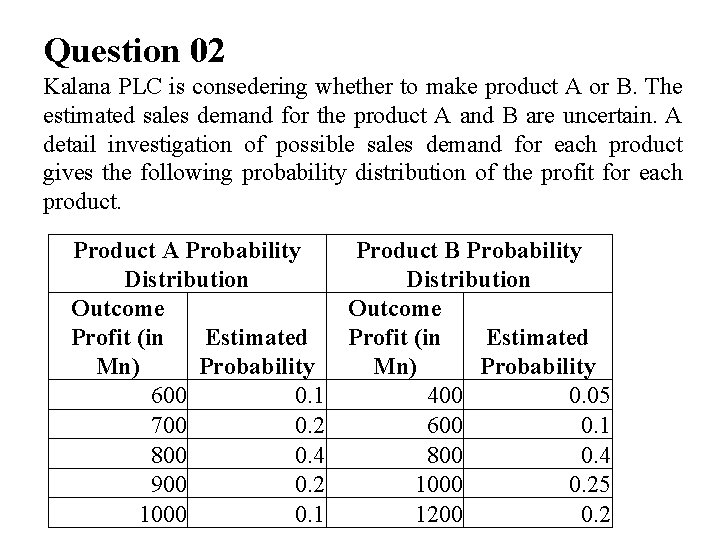 Question 02 Kalana PLC is consedering whether to make product A or B. The