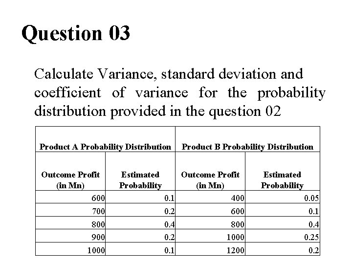 Question 03 Calculate Variance, standard deviation and coefficient of variance for the probability distribution