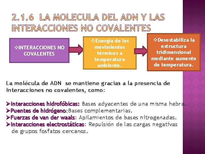 v. INTERACCIONES NO COVALENTES v. Energía de los movimientos térmicos a temperatura ambiente. v.