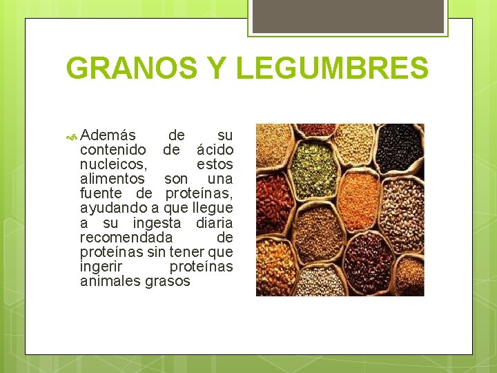 GRANOS Y LEGUMBRES Además de su contenido de ácido nucleicos, estos alimentos son una