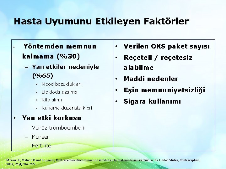 Hasta Uyumunu Etkileyen Faktörler • Yöntemden memnun • Verilen OKS paket sayısı kalmama (%30)