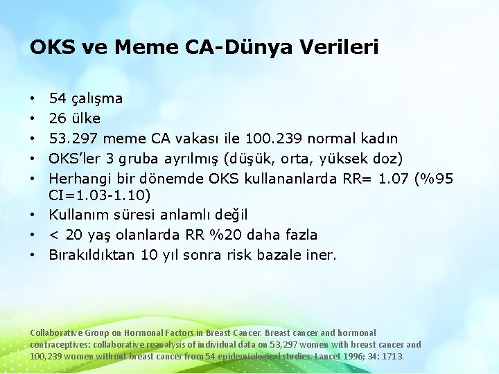 OKS ve Meme CA-Dünya Verileri 54 çalışma 26 ülke 53. 297 meme CA vakası