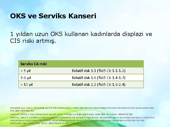 OKS ve Serviks Kanseri 1 yıldan uzun OKS kullanan kadınlarda displazi ve CİS riski