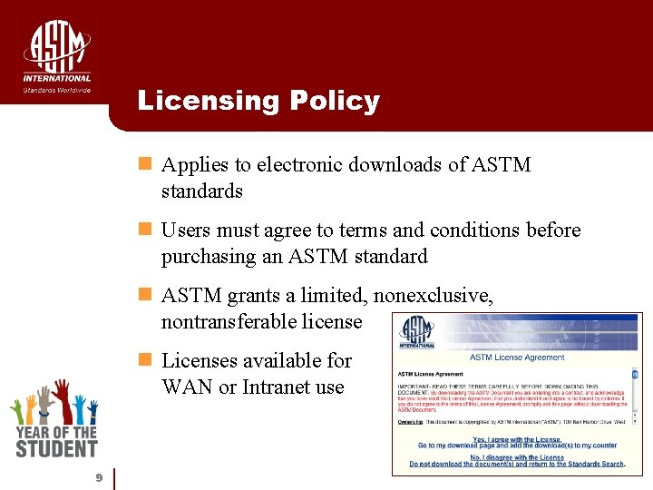 Licensing Policy n Applies to electronic downloads of ASTM standards n Users must agree