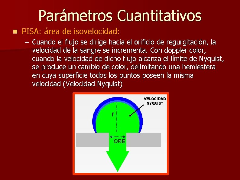 Parámetros Cuantitativos n PISA: área de isovelocidad: – Cuando el flujo se dirige hacia