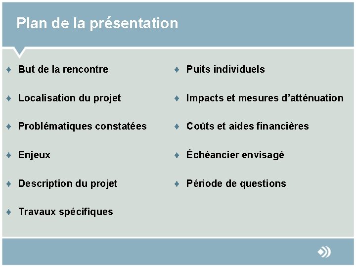 Plan de la présentation ¨ But de la rencontre ¨ Puits individuels ¨ Localisation