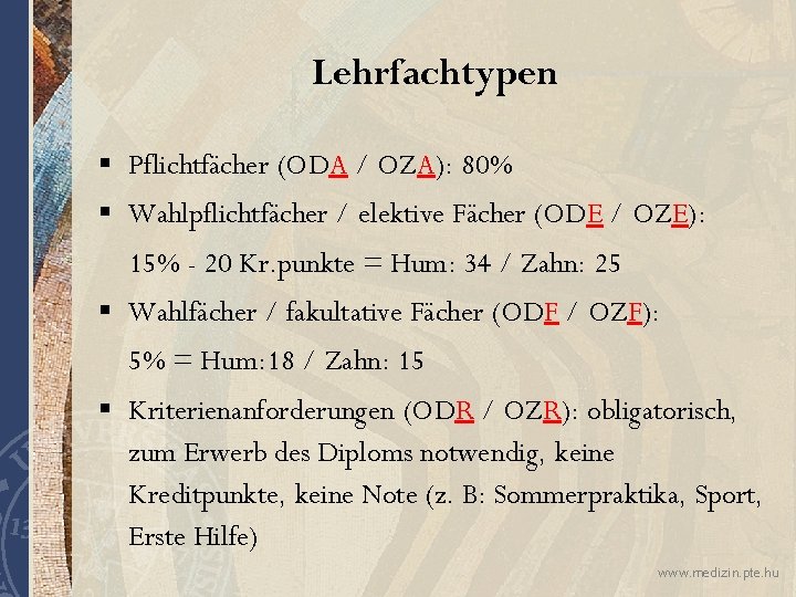 Lehrfachtypen § Pflichtfächer (ODA / OZA): 80% § Wahlpflichtfächer / elektive Fächer (ODE /