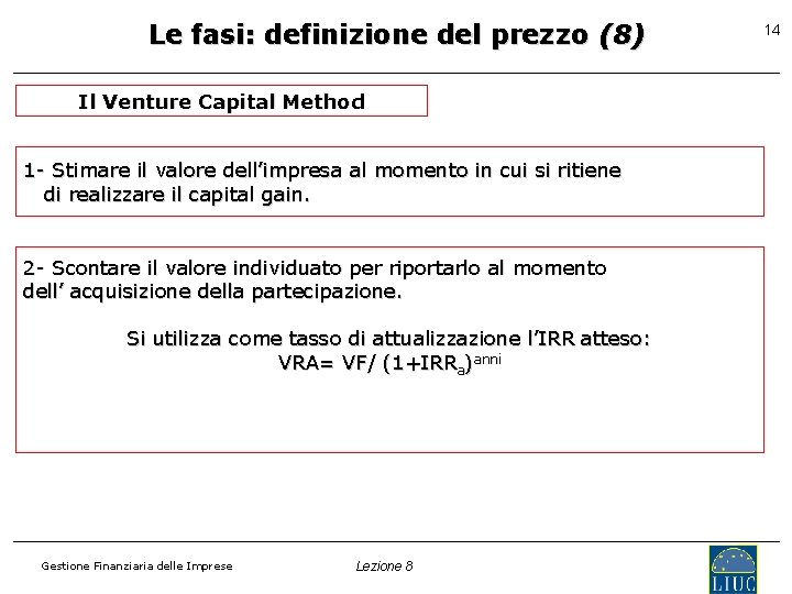 Le fasi: definizione del prezzo (8) Il Venture Capital Method 1 - Stimare il