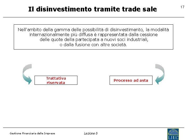 Il disinvestimento tramite trade sale Nell'ambito della gamma delle possibilità di disinvestimento, la modalità