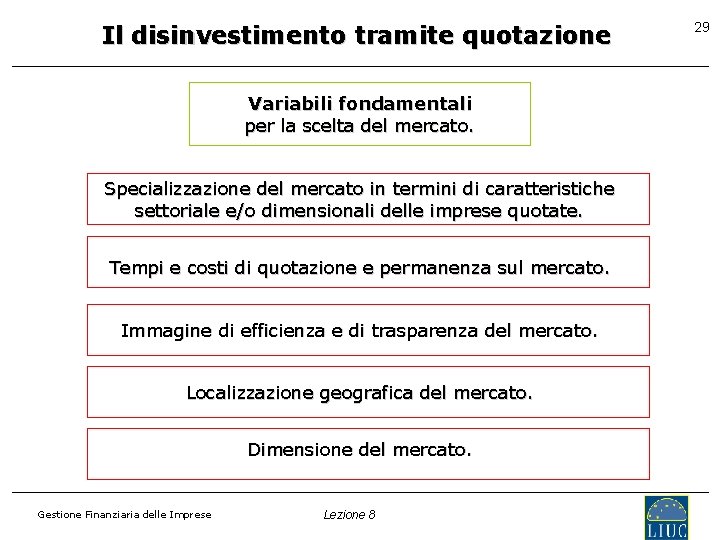 Il disinvestimento tramite quotazione Variabili fondamentali per la scelta del mercato. Specializzazione del mercato