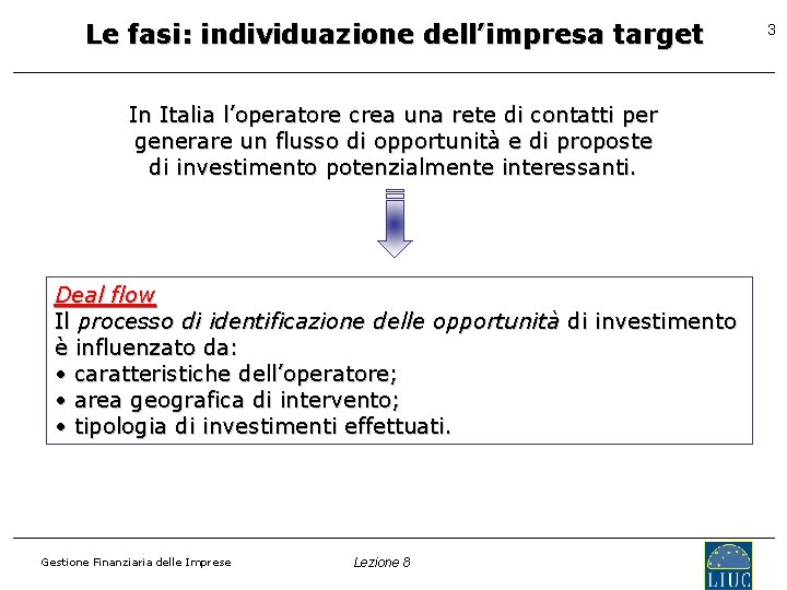 Le fasi: individuazione dell’impresa target In Italia l’operatore crea una rete di contatti per