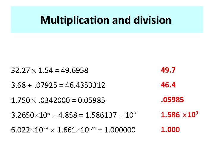 Multiplication and division 32. 27 1. 54 = 49. 6958 49. 7 3. 68