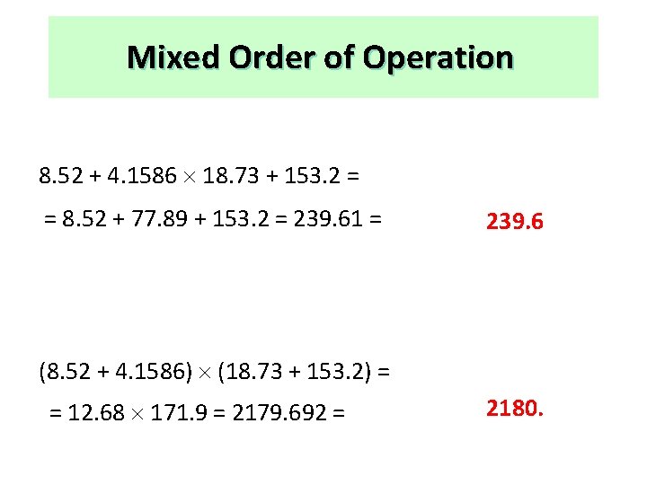 Mixed Order of Operation 8. 52 + 4. 1586 18. 73 + 153. 2