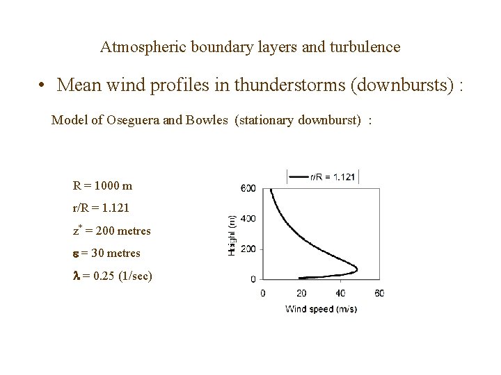 Atmospheric boundary layers and turbulence • Mean wind profiles in thunderstorms (downbursts) : Model