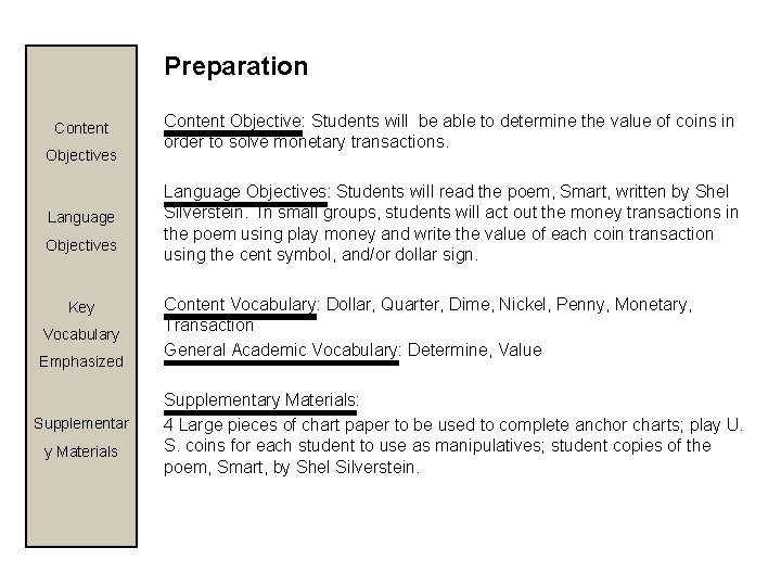 Preparation Content Objectives Language Objectives Key Vocabulary Emphasized Supplementar y Materials Content Objective: Students