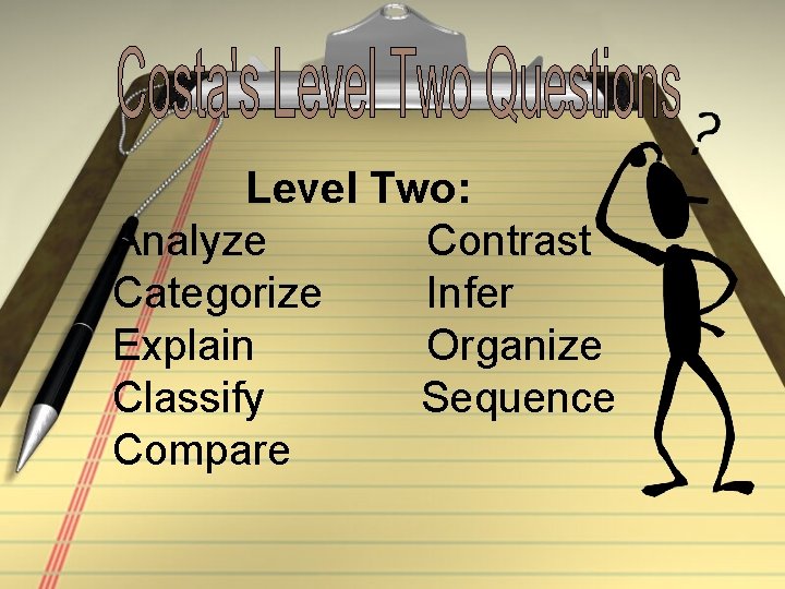 Level Two: Analyze Contrast Categorize Infer Explain Organize Classify Sequence Compare 