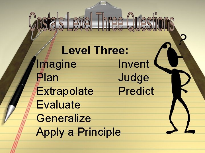 Level Three: Imagine Invent Plan Judge Extrapolate Predict Evaluate Generalize Apply a Principle 