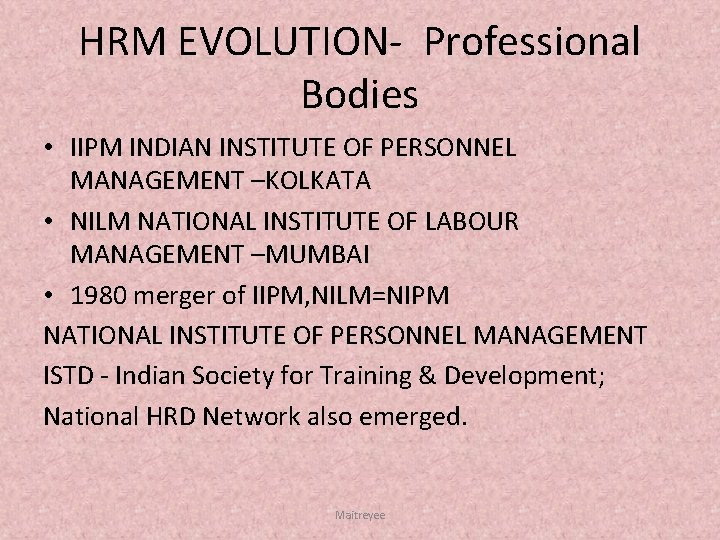 HRM EVOLUTION Professional Bodies • IIPM INDIAN INSTITUTE OF PERSONNEL MANAGEMENT –KOLKATA • NILM
