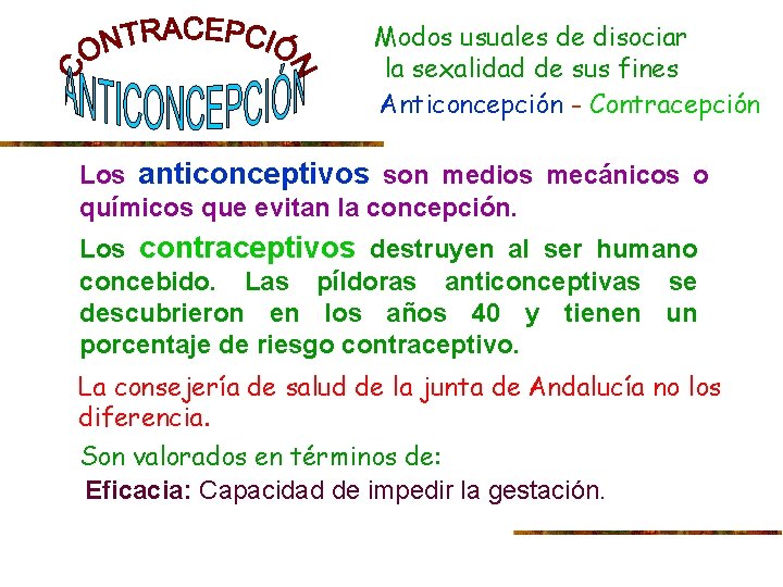 Modos usuales de disociar la sexalidad de sus fines Anticoncepción - Contracepción Los anticonceptivos