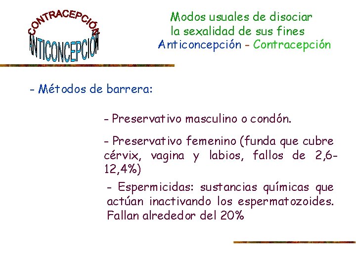 Modos usuales de disociar la sexalidad de sus fines Anticoncepción - Contracepción - Métodos