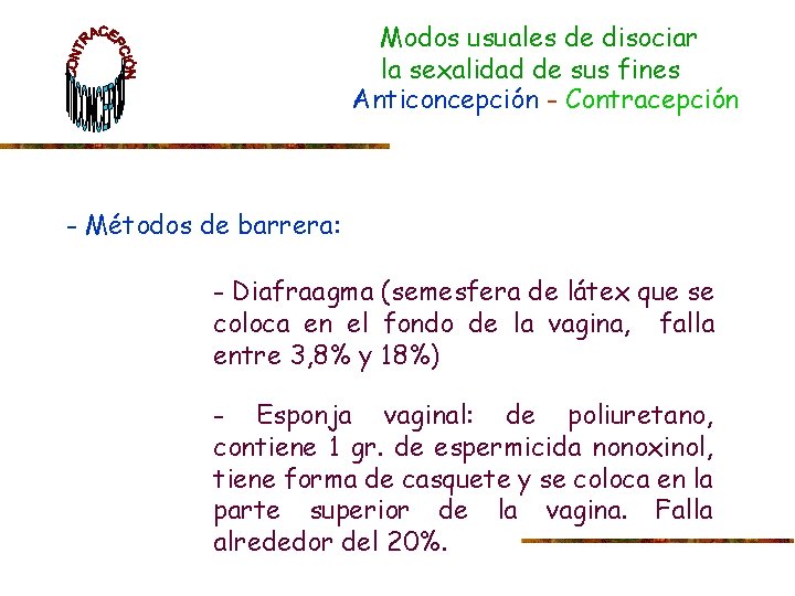 Modos usuales de disociar la sexalidad de sus fines Anticoncepción - Contracepción - Métodos