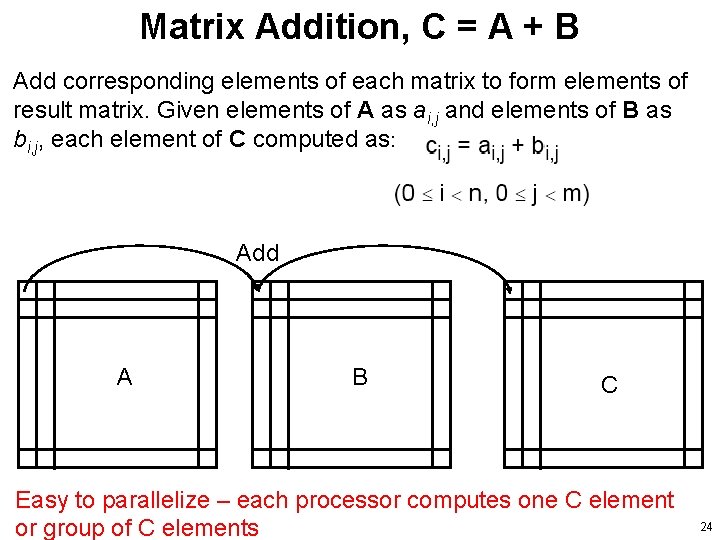 Matrix Addition, C = A + B Add corresponding elements of each matrix to