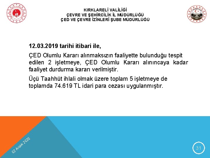 KIRKLARELİ VALİLİĞİ ÇEVRE VE ŞEHİRCİLİK İL MÜDÜRLÜĞÜ ÇED VE ÇEVRE İZİNLERİ ŞUBE MÜDÜRLÜĞÜ 12.