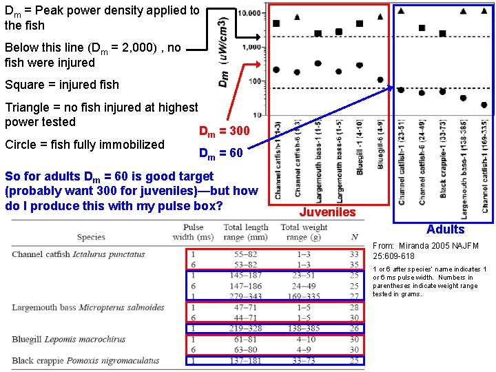 Dm = Peak power density applied to the fish Below this line (Dm =