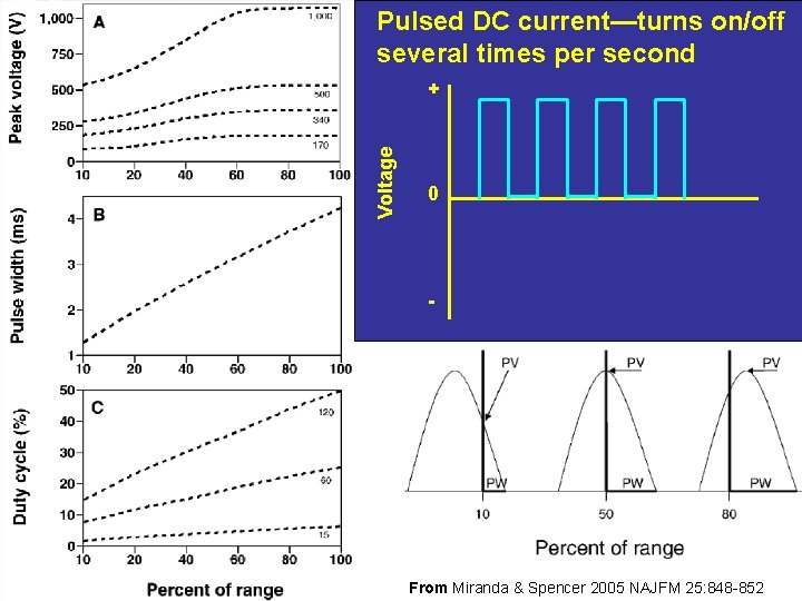 Pulsed DC current—turns on/off several times per second Voltage + 0 - From Miranda