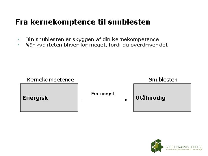 Fra kernekomptence til snublesten • • Din snublesten er skyggen af din kernekompetence Når