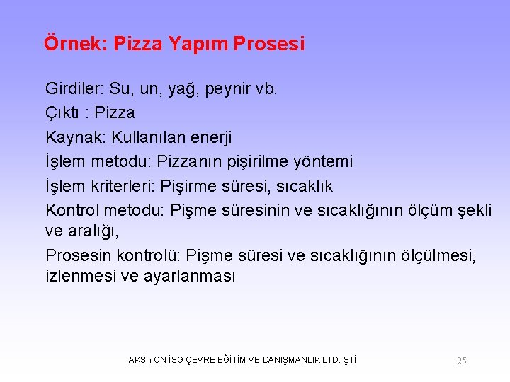 Örnek: Pizza Yapım Prosesi Girdiler: Su, un, yağ, peynir vb. Çıktı : Pizza Kaynak: