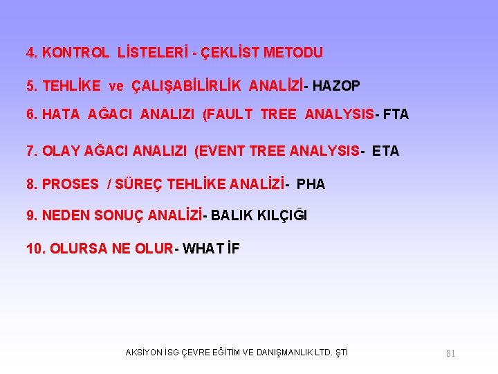 4. KONTROL LİSTELERİ - ÇEKLİST METODU 5. TEHLİKE ve ÇALIŞABİLİRLİK ANALİZİ- HAZOP 6. HATA