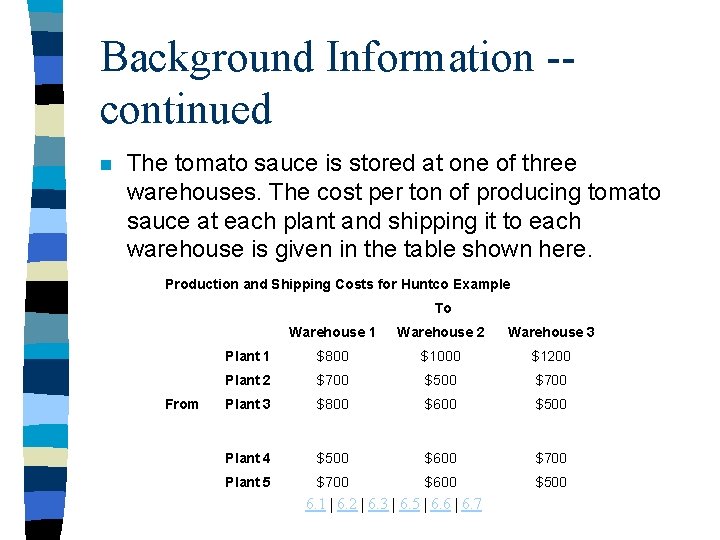 Background Information -continued n The tomato sauce is stored at one of three warehouses.