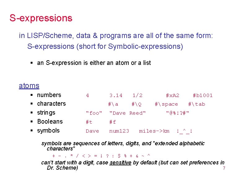 S-expressions in LISP/Scheme, data & programs are all of the same form: S-expressions (short