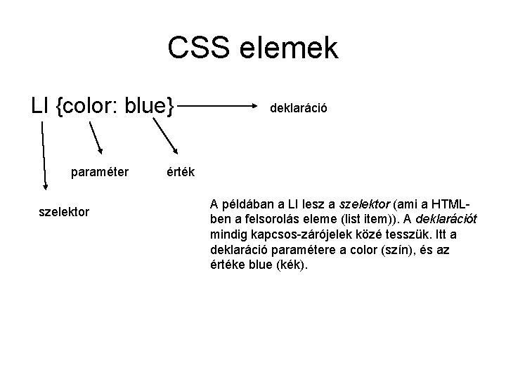 CSS elemek LI {color: blue} paraméter szelektor deklaráció érték A példában a LI lesz